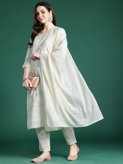 Floral Embroidered Thread Work Pure Cotton Kurta with Trousers & With Dupatta