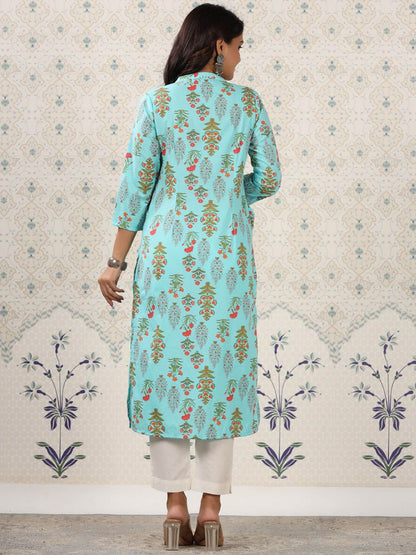 Dhiyona OD  Floral Printed Mandarin Collar Pure Cotton Kurta