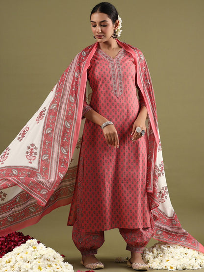 Dhiyona IE Ethnic Motifs Printed Regular Pure Cotton Kurta with Salwar & With Dupatta