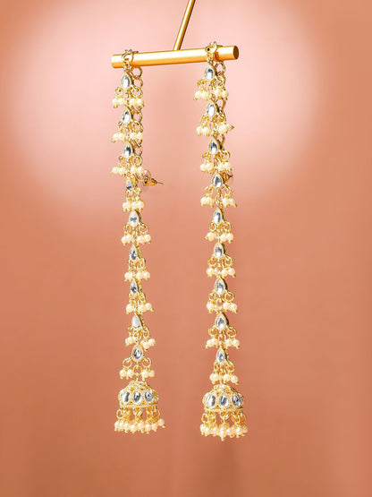 Dhiyona RJ Women's 18K Gold-Plated White Kundan & Glossy Pearl Beaded Long Jhumka Earring Extension
