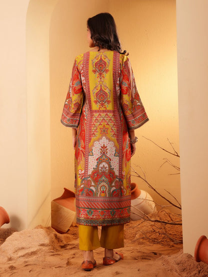 Dhiyona VA Women'sEthnic Motifs Embroidered Gotta Patti Notch Neck Chanderi Silk Kurta With Trousers