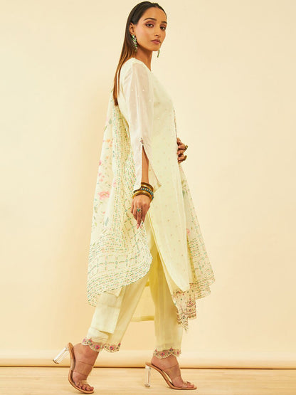Dhiyona SO Women's Floral Embroidered Layered Thread Work Kurta with Trousers & Dupatta