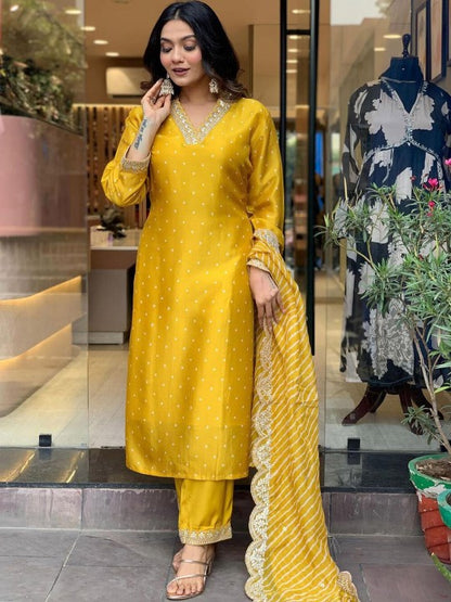 Women's Bandhani Embroidered Regular Sequinned Kurta With Trouser & Dupatta