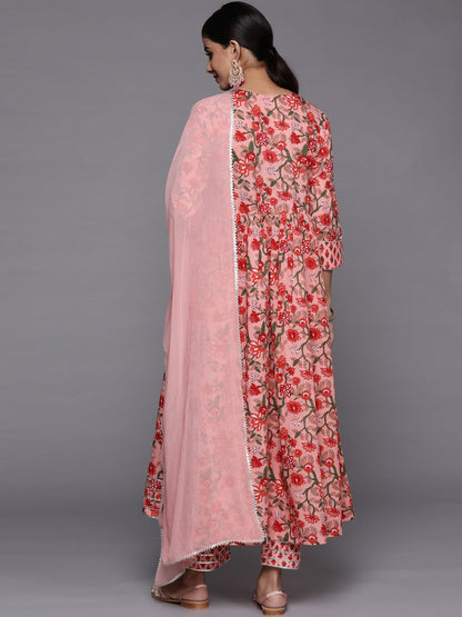 Dhiyona VA Women's Peach-Coloured Floral Printed Empire Gotta Patti Pure Cotton Kurta with Trousers & With