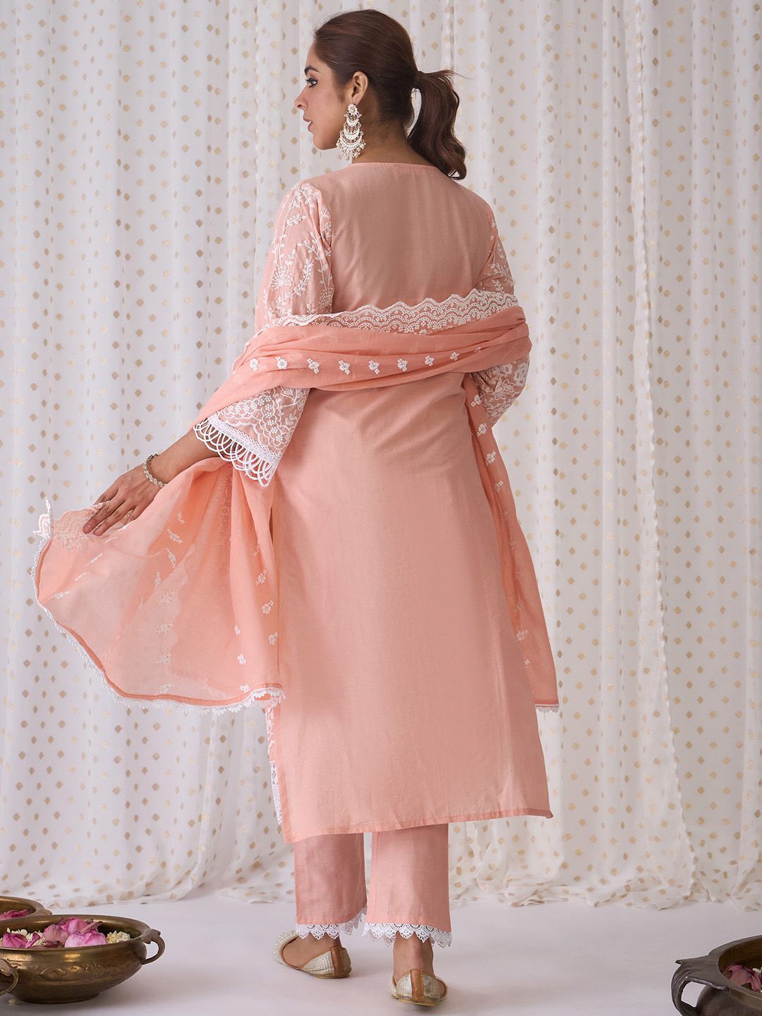 Floral Embroidered Notched Neck Cotton Straight Kurta with Trousers & Dupatta