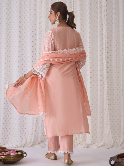 Floral Embroidered Notched Neck Cotton Straight Kurta with Trousers & Dupatta