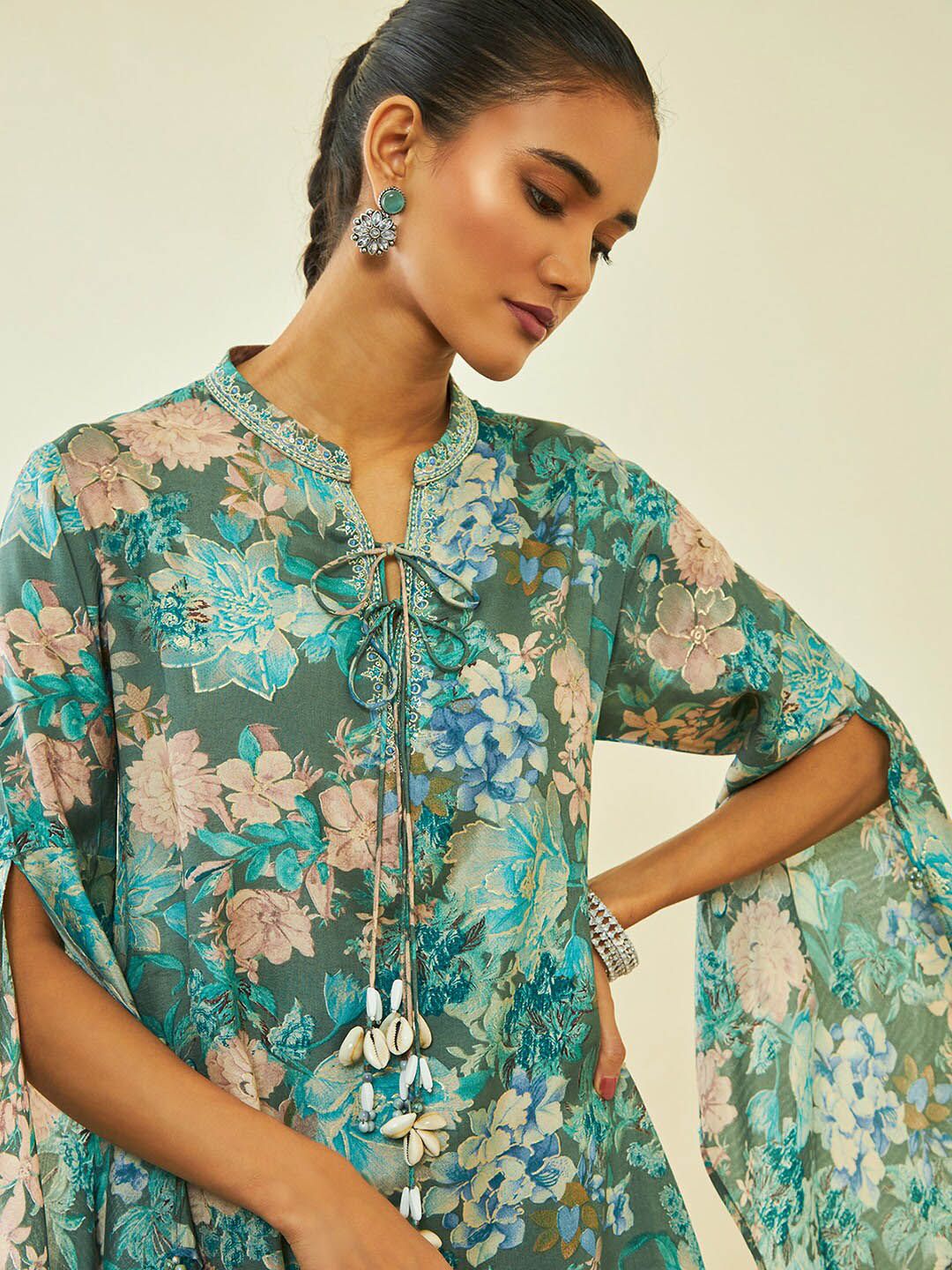 Dhiyona SO Women's Teal Floral Printed Regular Thread Work Kurta with Trousers