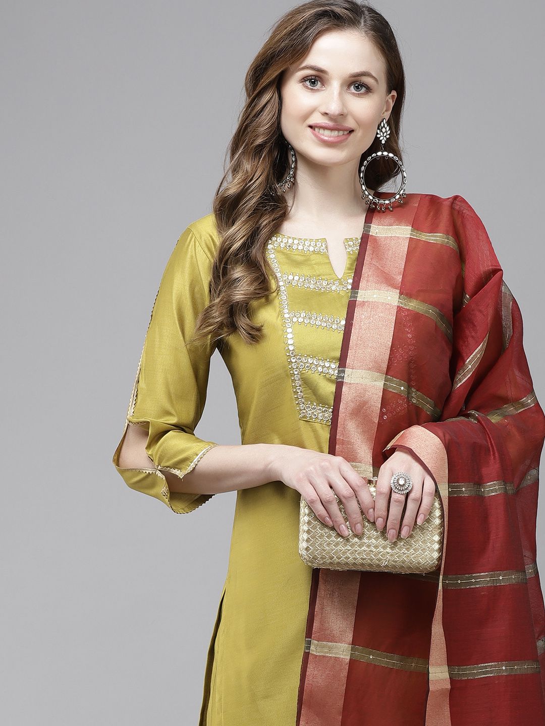 Dhiyona IE Women Olive Green Regular Liva Kurta with Trousers & With Dupatta