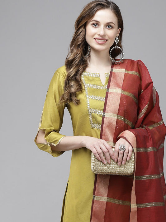 Dhiyona IE Women Olive Green Regular Liva Kurta with Trousers & With Dupatta