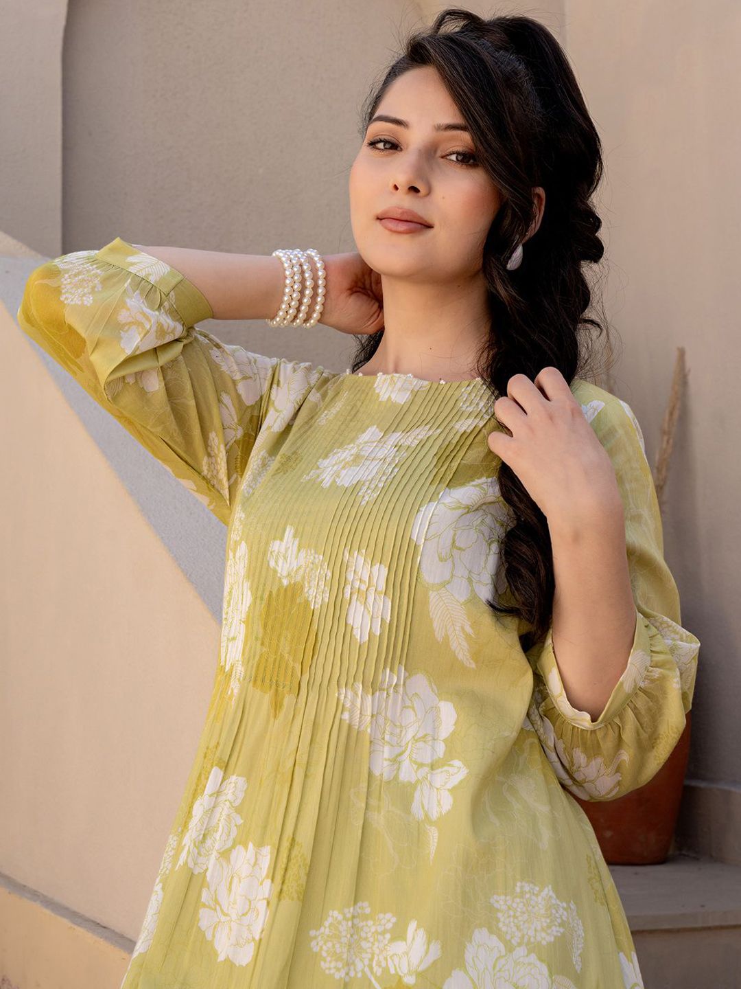 Dhiyona IE Printed Pure Cotton A-Line Tunic & Trousers Co-Ord Set