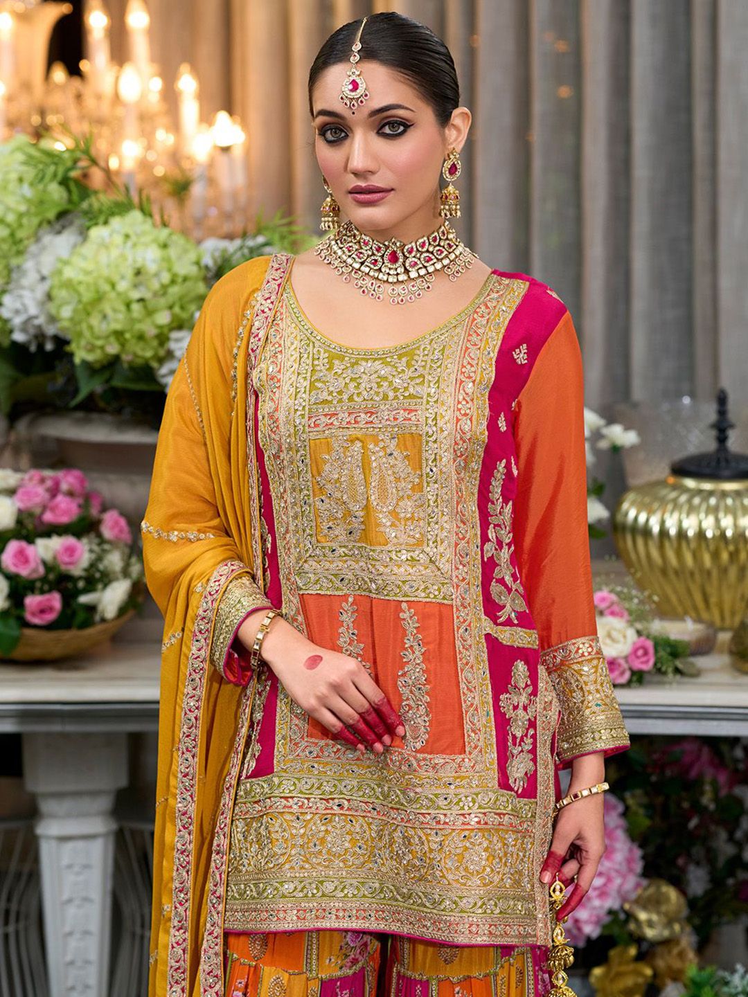 Sequinned Embroidered Round Neck Kurta With Palazzos & Dupatta