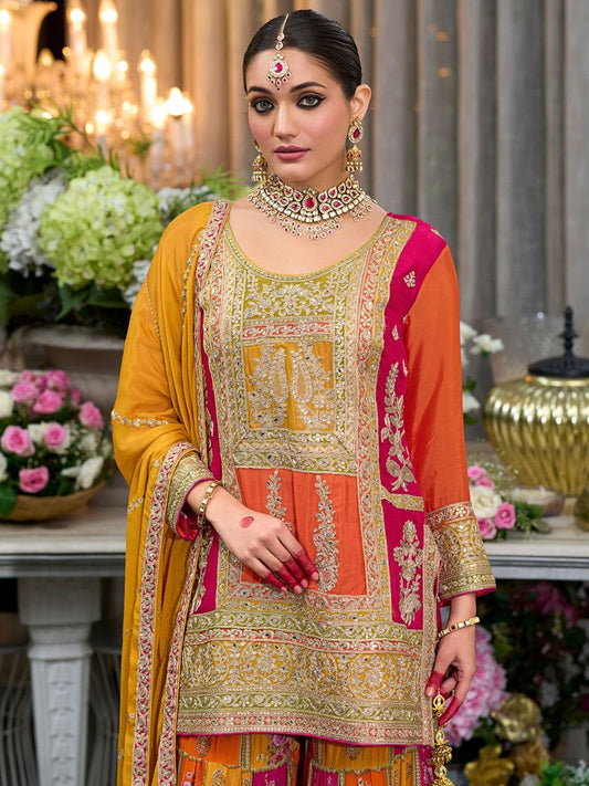 Sequinned Embroidered Round Neck Kurta With Palazzos & Dupatta