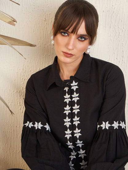 Black Floral Embroidered Straight A-Line Kurta With Trouser