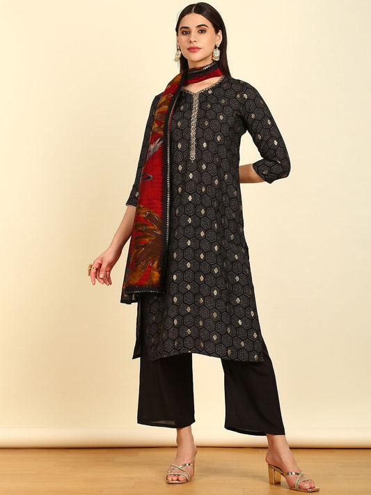 Dhiyona SO Women's Geometric Printed Beads and Stones Kurta with Palazzos & With Dupatta