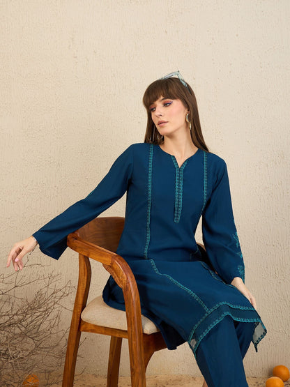 Dhiyona IE Ethnic Motifs Embroidered Flared Sleeves Notch Neck Straight Kurta with Trousers