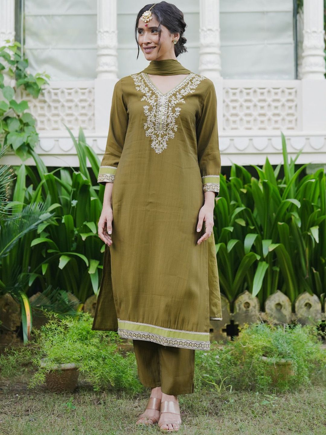 Floral Embroidered Kurta with Trousers & Dupatta