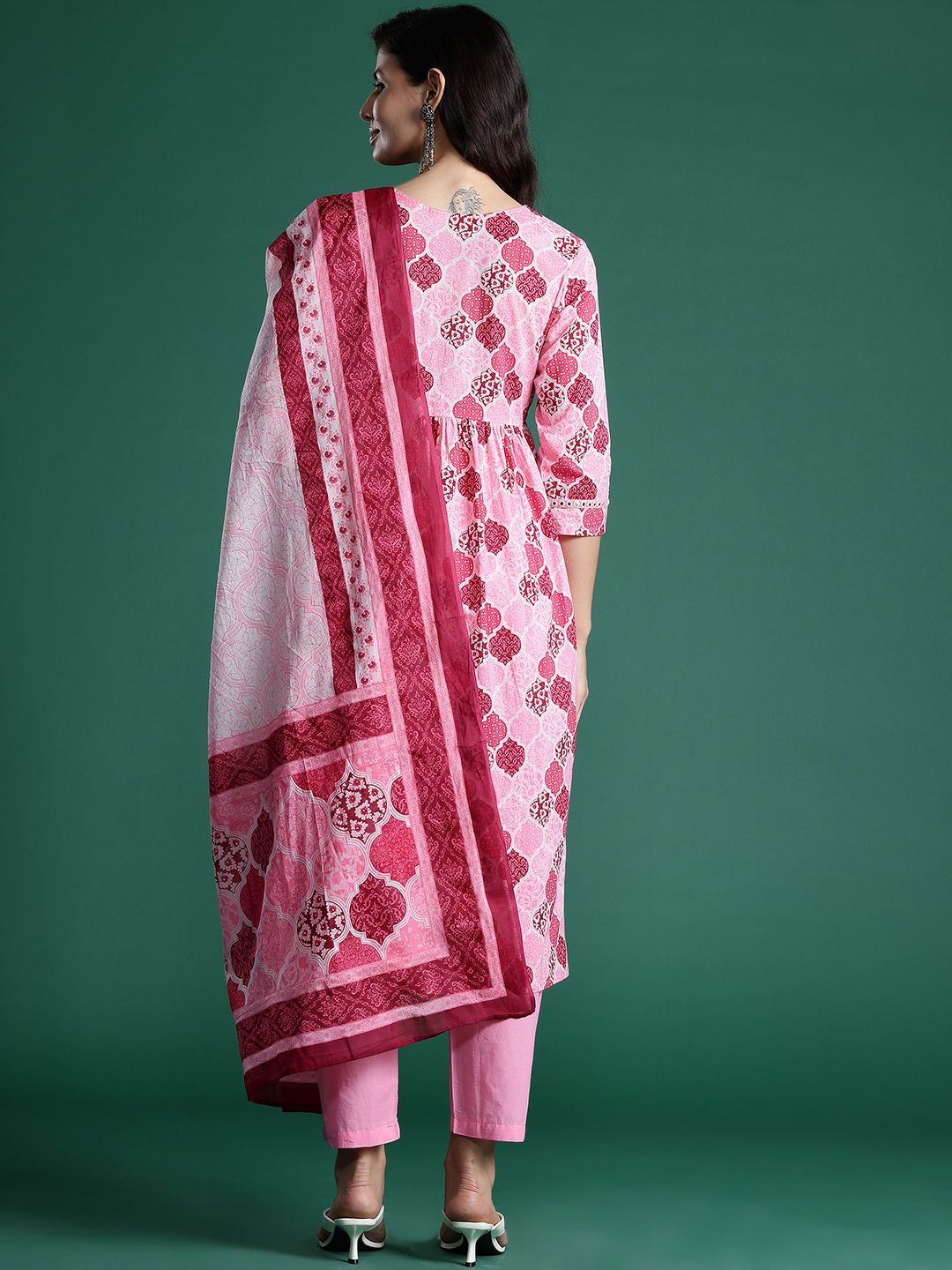 Printed Empire Mirror Work Pure Cotton Kurta With Trousers & Dupatta