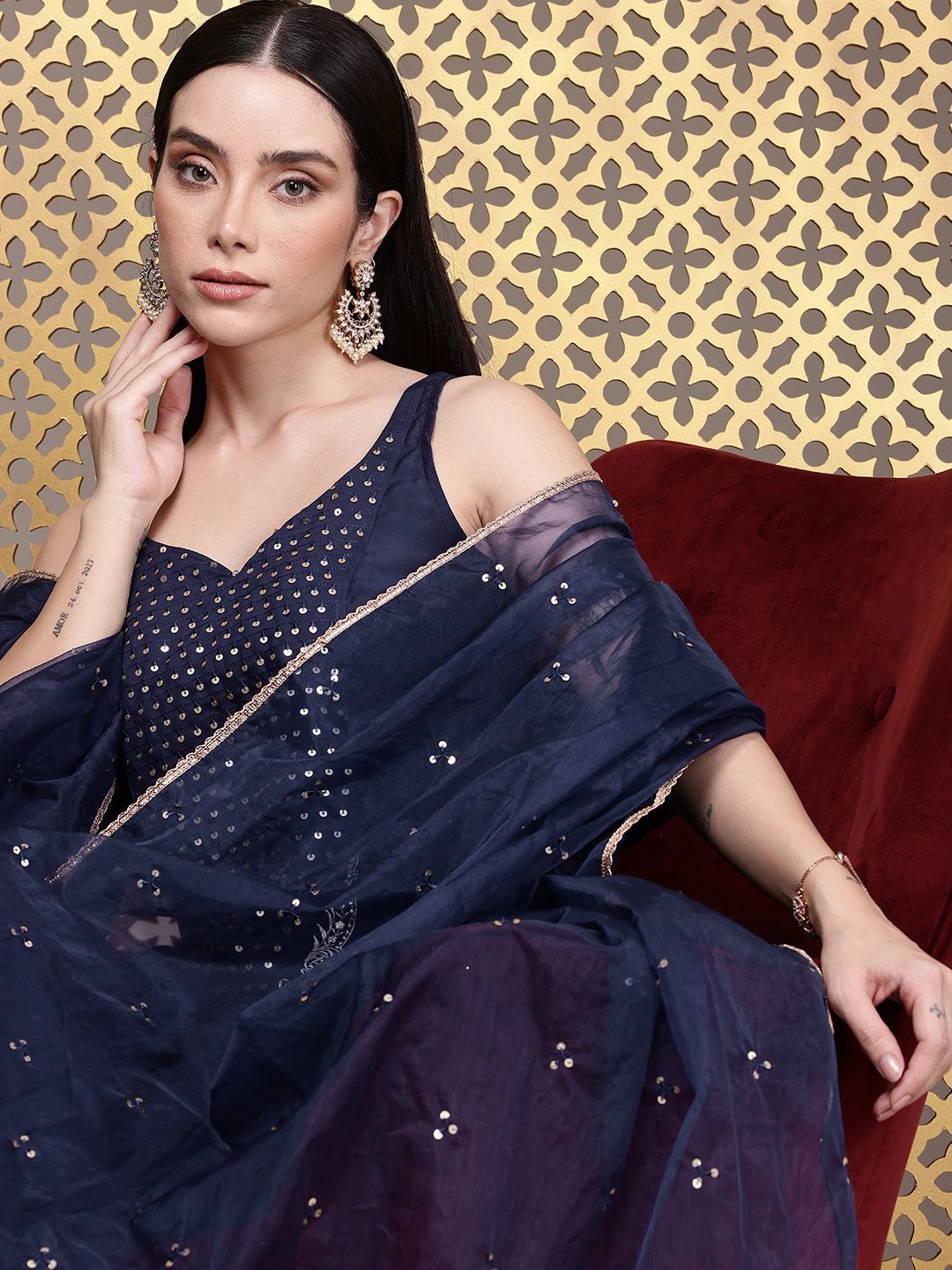 Dhiyona PD Women Embroidered Sequinned Jashn Kurta With Palazzos & Dupatta