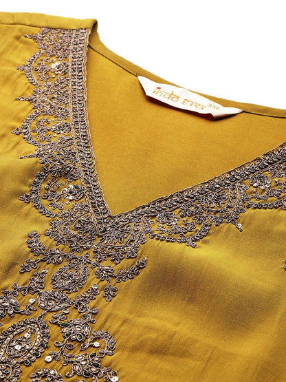 Dhiyona IE Plus Size Ethnic Motifs Embroidered Zari Kurta with Trousers & Dupatta