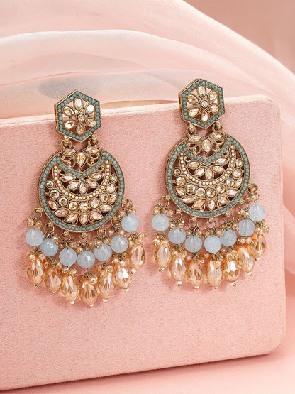 Dhiyona RJ Women's 18K Gold-Plated Kundan Chandbali Earrings with Sky Blue Stones & Beaded Danglers