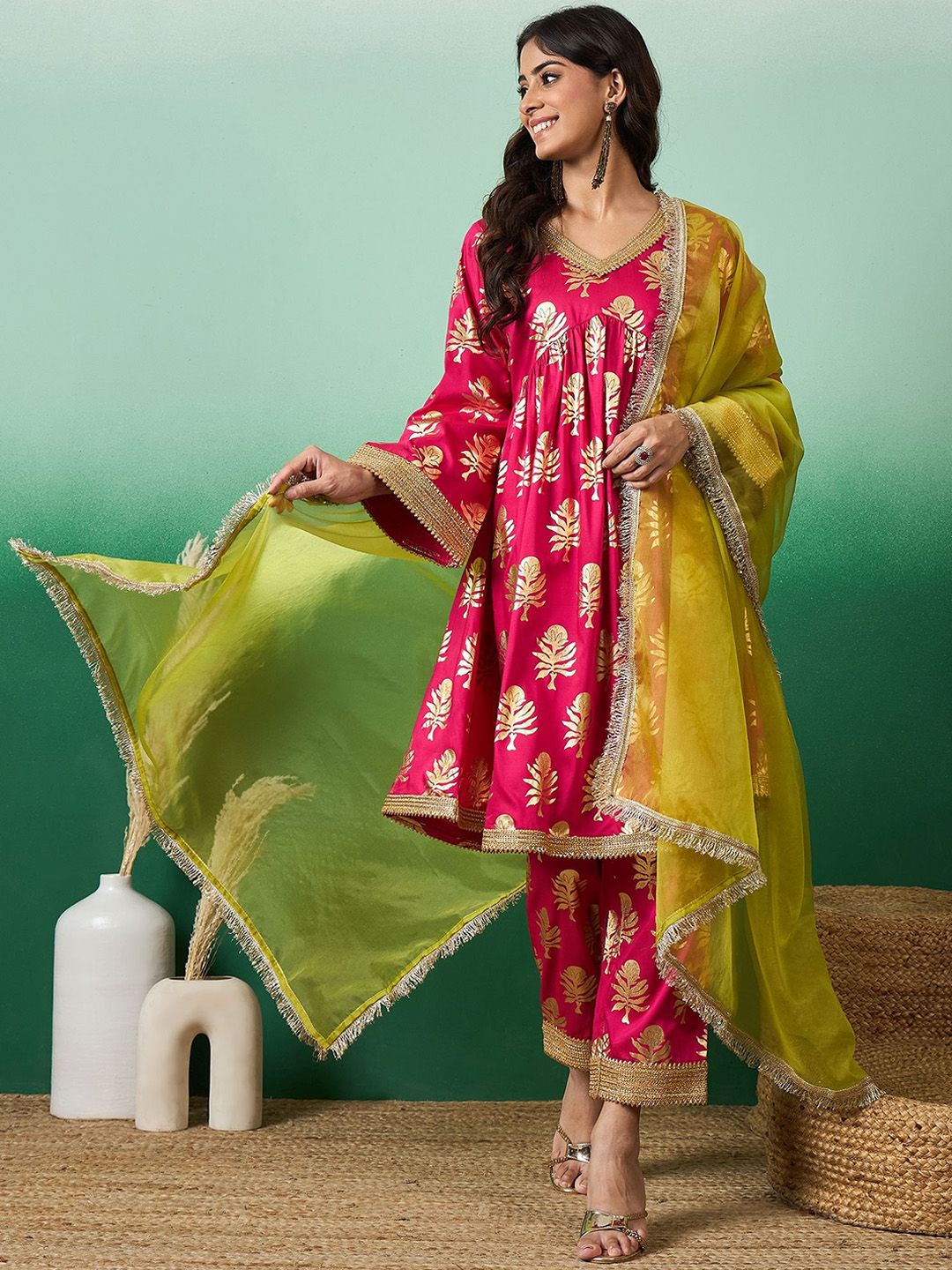 Dhiyona SN Women's Floral Printed Flared Sleeves A-Line Kurta With Trousers & Organza Dupatta