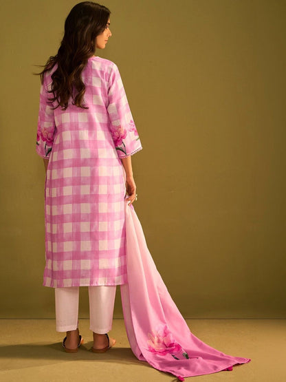 Women Floral Printed Regular Thread Work Linen Kurta with Trousers & With Dupatta