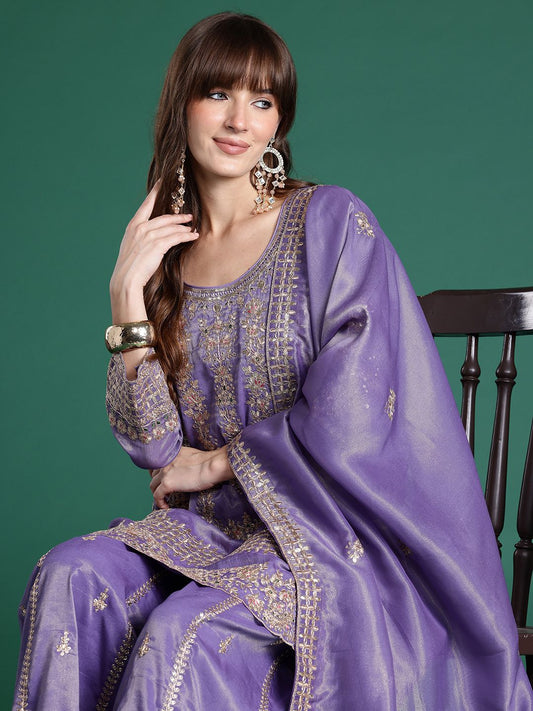 Dhiyona IE Ethnic Motifs Embroidered Sequinned Kurta With Palazzos & Dupatta