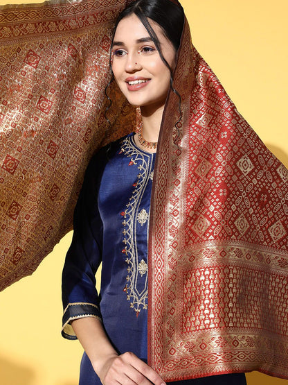 Dhiyona IE Women Navy Blue Ethnic Motifs Woven Design Sequined Kurta with Trousers & Dupatta