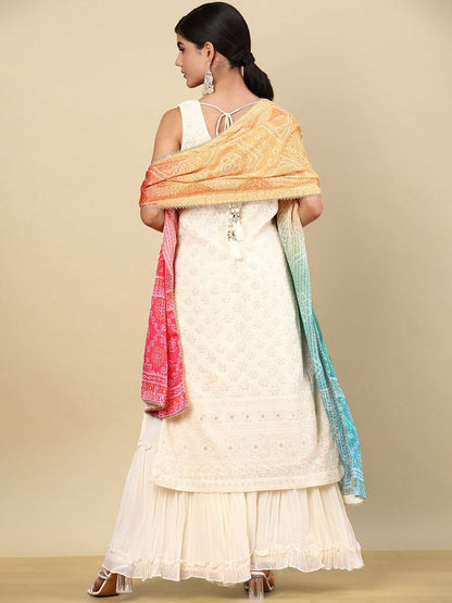 Dhiyona SO Women's Off White Ethnic Motifs Embroidered Regular Thread Work Kurta Set With Dupatta