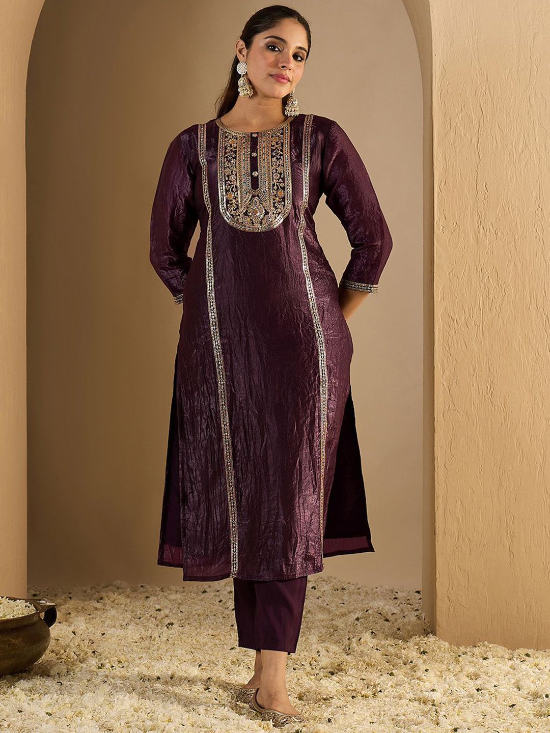 Dhiyona IE Women's Women Ethnic Motifs Embroidered Regular Thread Work Kurta with Trousers & Dupatta