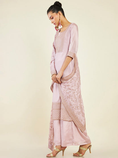 Dhiyona SO Women's Ethnic Motif Embroidered Sequinned Pure Wool Kurta with Palazzos & Dupatta