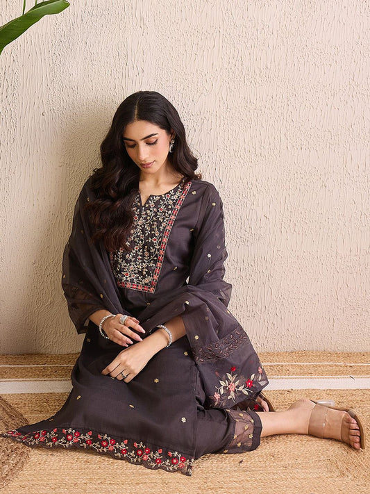 Dhiyona IE Floral Embroidered Notch Neck Straight Kurta With Trousers & Dupatta