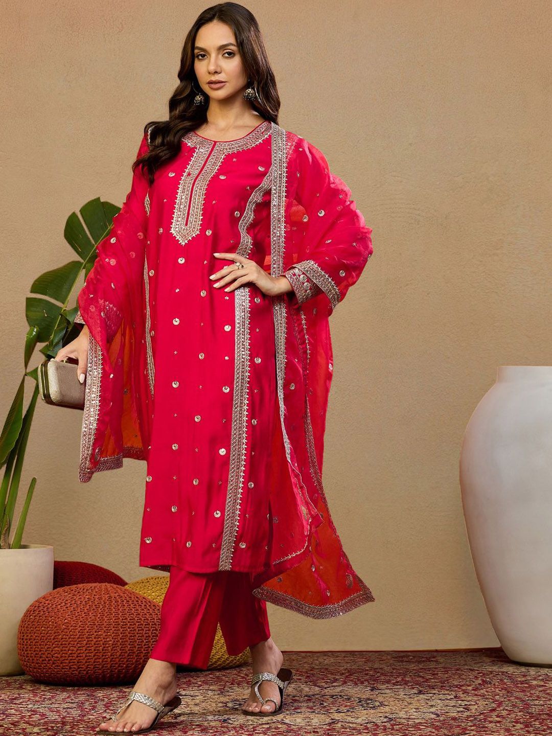 Dhiyona PD Women Embroidered Straight Kurta & Trousers With Dupatta