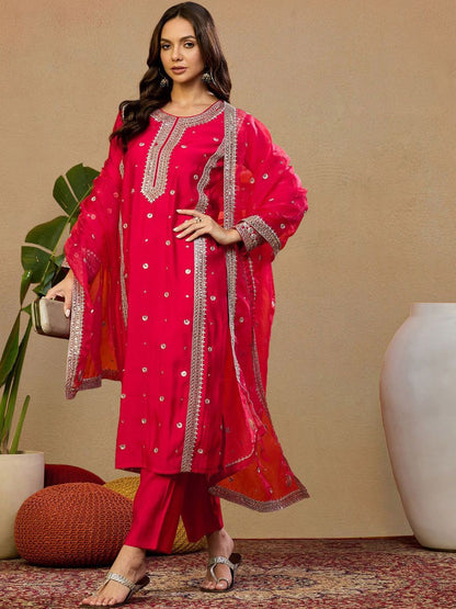Dhiyona PD Women Embroidered Straight Kurta & Trousers With Dupatta
