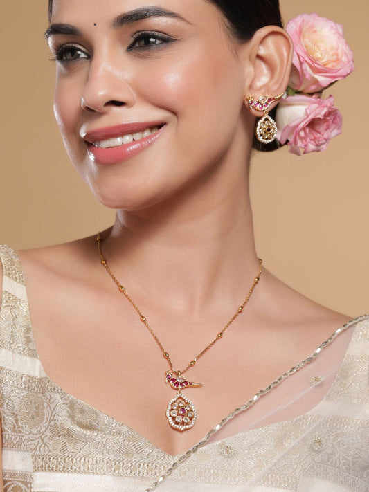 Dhiyona RJ Women's 22 K Gold-Plated Ruby & Kundan with Zicronia Studded Peacock Design Necklace Set
