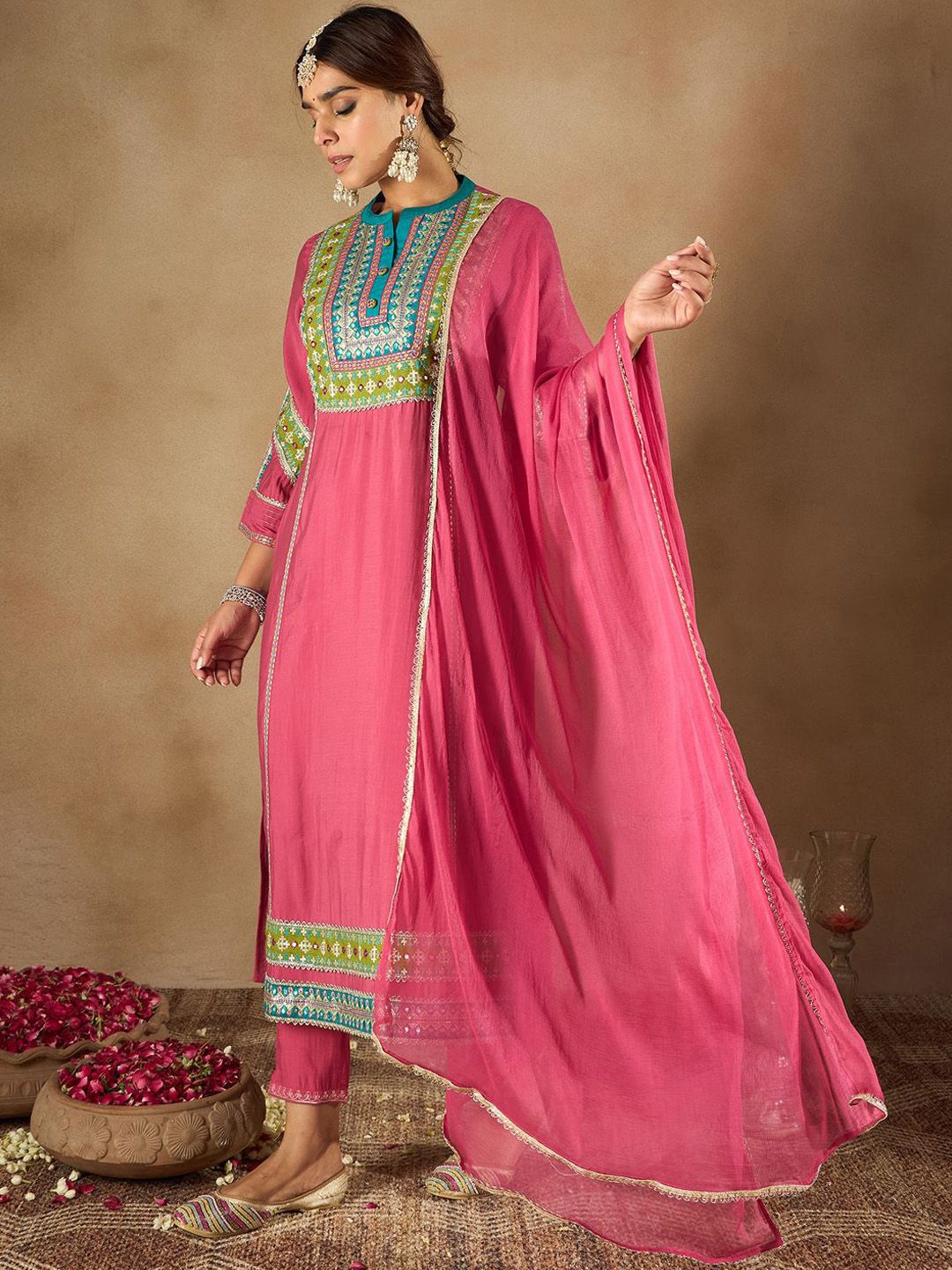 Dhiyona IE Women Ethnic Motifs Embroidered Regular Kurta with Trousers & Dupatta