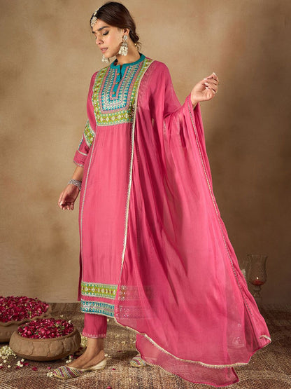 Dhiyona IE Women Ethnic Motifs Embroidered Regular Kurta with Trousers & Dupatta