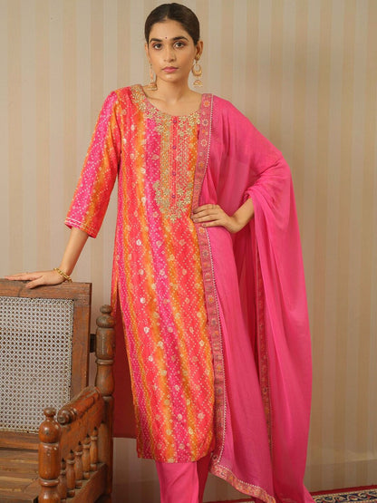 Dhiyona PD Women Pink Bandhani Printed Straight Kurta & Trousers With Dupatta