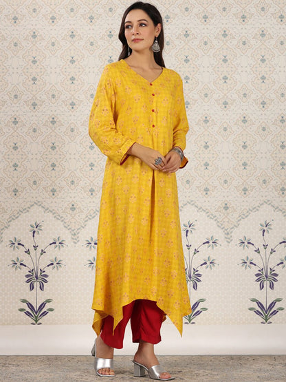 Dhiyona OD  Ethnic Motifs Printed V-Neck Asymmetric A-Line Kurta