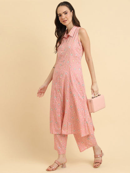 Dhiyona VA Women'sPink Floral Printed Regular Kurta with Trousers