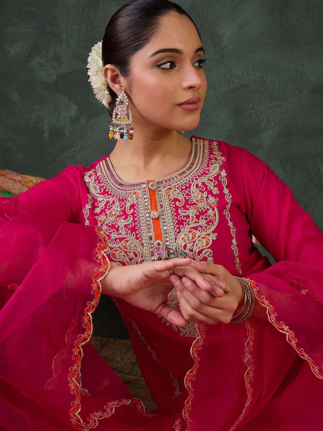 Dhiyona IE Women Ethnic Motifs Embroidered Regular Kurta with Trousers & With Dupatta