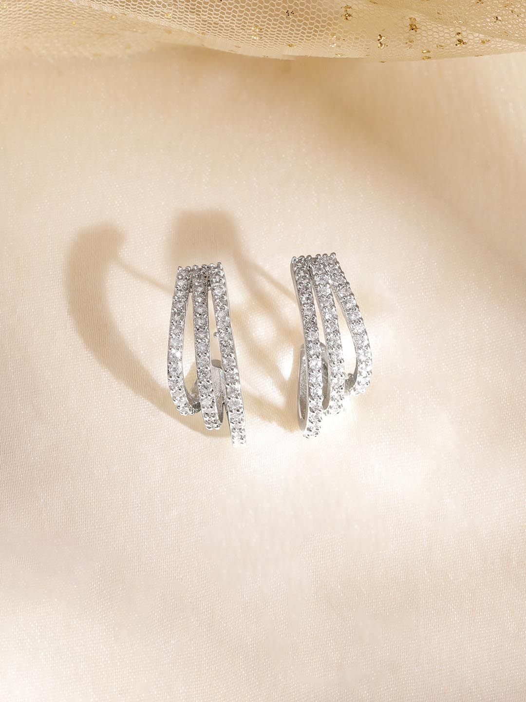 Dhiyona RJ Women's Rhodium Plated High Quality Cubic Zirconia Studded Hoop Earrings