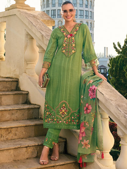 Dhiyona IE Floral Embroidered Thread Work Pure Cotton Kurta with Trousers & Dupatta