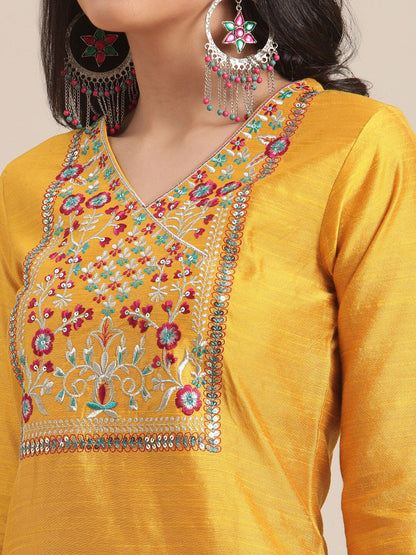 Dhiyona VA Women's Mustard Yellow Floral Embroidered Empire Thread Work Kurta with Trousers & With Dupatta