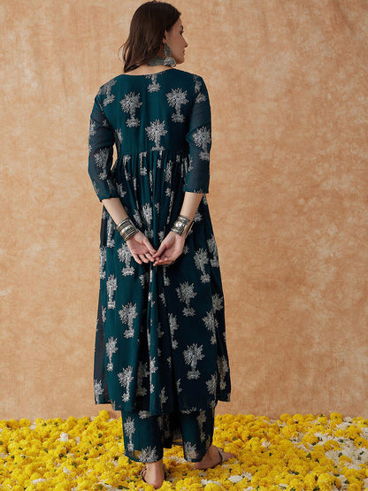Dhiyona SN Women's Floral Printed V-Neck Anarkali Kurta & Palazzos
