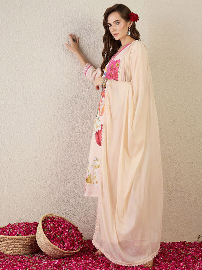 Women Floral Printed Linen Kurta with Trousers & Dupatta