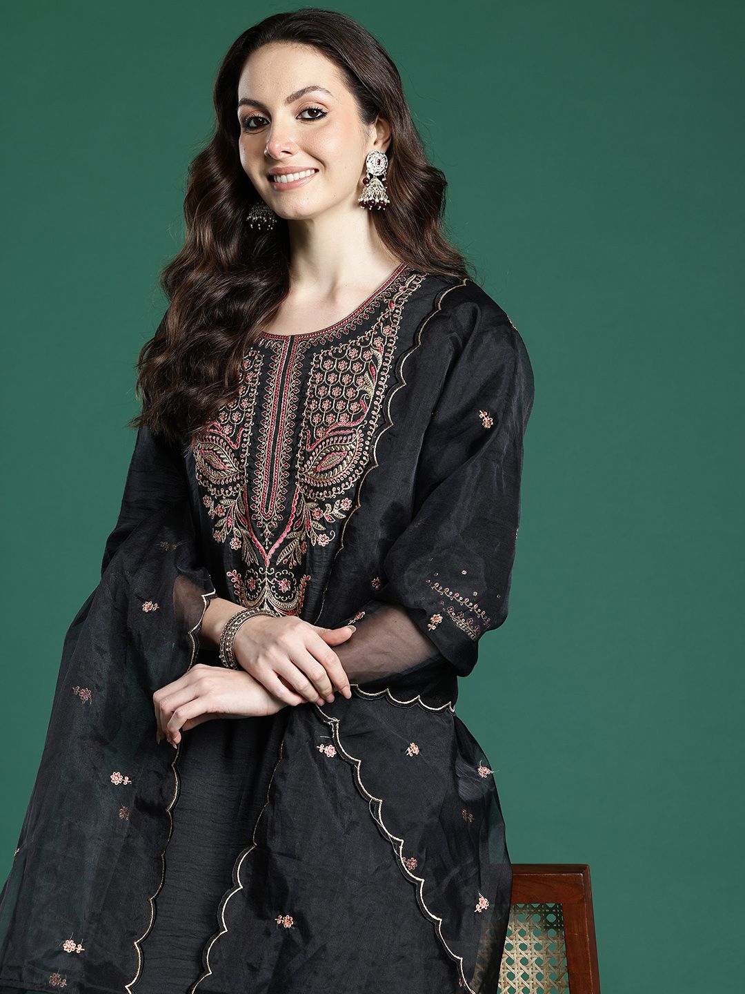 Dhiyona IE Ethnic Motifs Embroidered Pure Cotton Kurta with Trousers & Dupatta