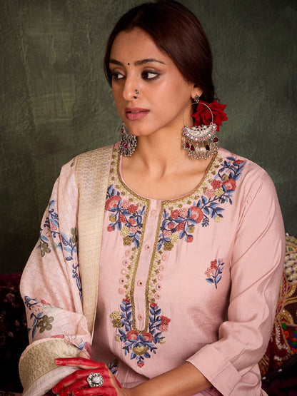 Dhiyona IE Floral Embroidered Thread Work Straight Kurta With Trousers And Dupatta