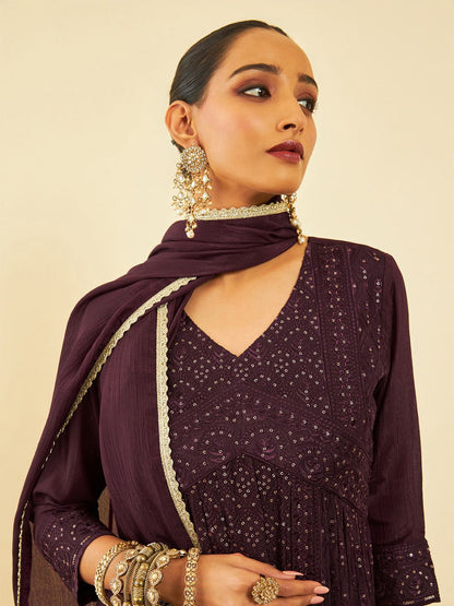 Dhiyona SO Women's Floral Embroidered Sequinned Kurta With Palazzos & Dupatta