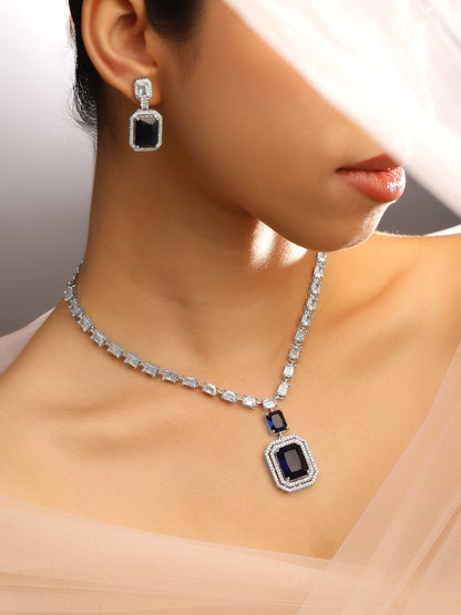 Dhiyona RJ Women's Rhodium-Plated Dark Blue Sapphire & White Cubic Zirconia Premium Jewellery Set